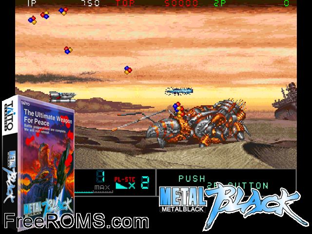 Metal Black (World) MAME game showing 3D box cover and gameplay screenshot
