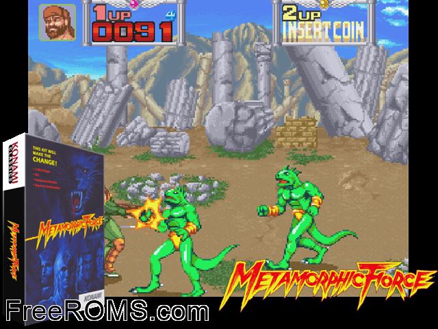 Metamorphic Force (ver UAA) MAME game showing 3D box cover and gameplay screenshot