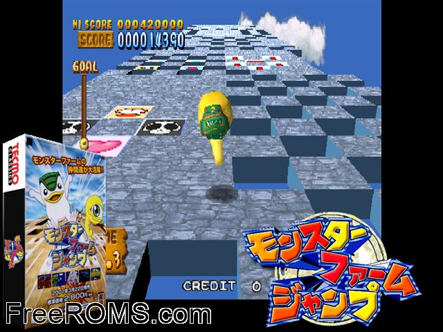 Monster Farm Jump (JAPAN) MAME game showing 3D box cover and gameplay screenshot