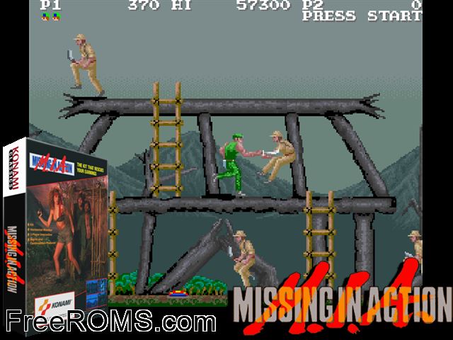 M.I.A. - Missing in Action (version T) MAME game showing 3D box cover and gameplay screenshot