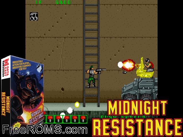 Midnight Resistance (World) MAME game showing 3D box cover and gameplay screenshot