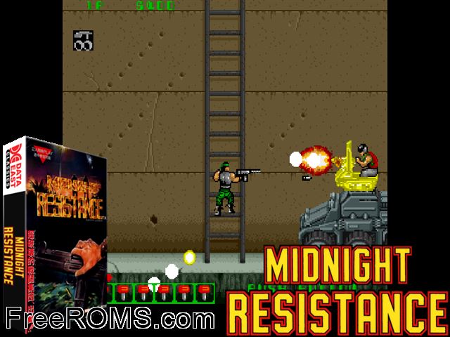 Midnight Resistance (US) MAME game showing 3D box cover and gameplay screenshot