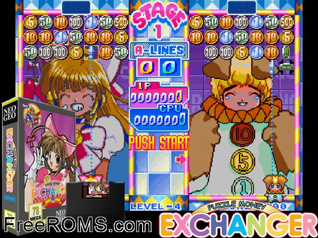 Money Puzzle Exchanger / Money Idol Exchanger MAME game showing 3D box cover and gameplay screenshot