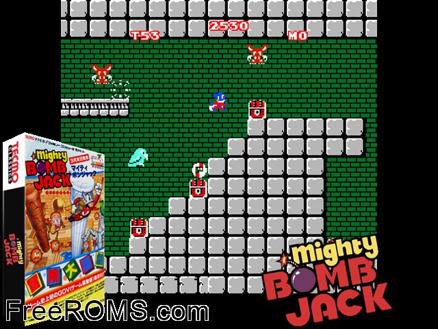 Vs. Mighty Bomb Jack (Japan) MAME game showing 3D box cover and gameplay screenshot