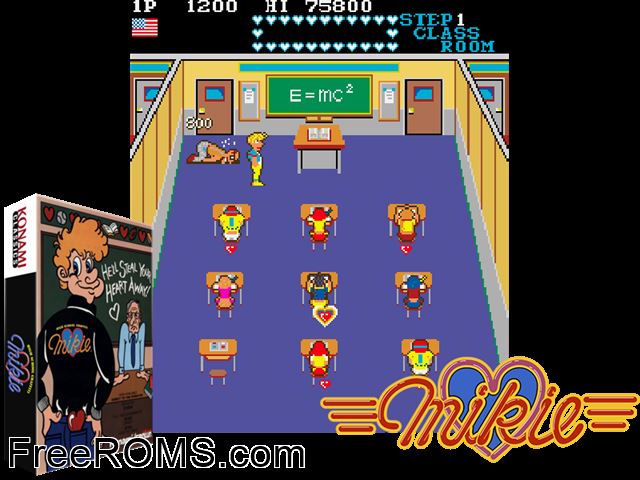 Mikie MAME game showing 3D box cover and gameplay screenshot