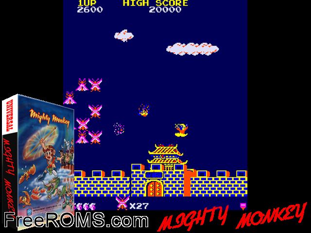 Mighty Monkey (bootleg on Super Cobra hardware) MAME game showing 3D box cover and gameplay screenshot