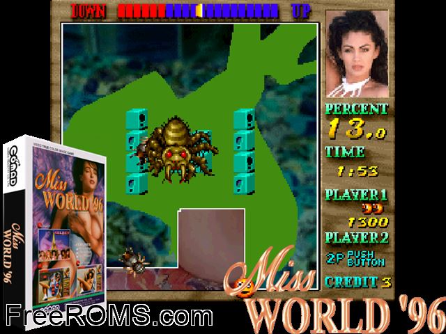Miss World '96 (Nude) MAME game showing 3D box cover and gameplay screenshot