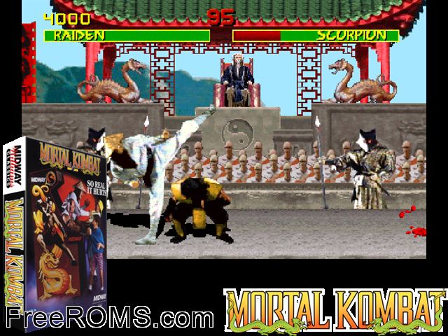 Mortal Kombat (rev 5.0 T-Unit 03/19/93) MAME game showing 3D box cover and gameplay screenshot