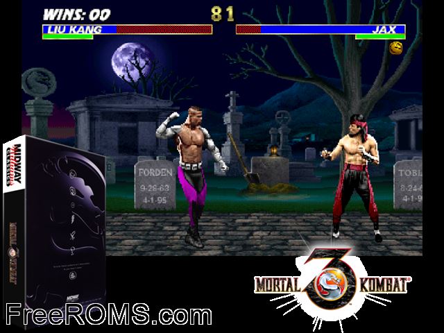 Mortal Kombat 3 (rev 2.0) MAME game showing 3D box cover and gameplay screenshot