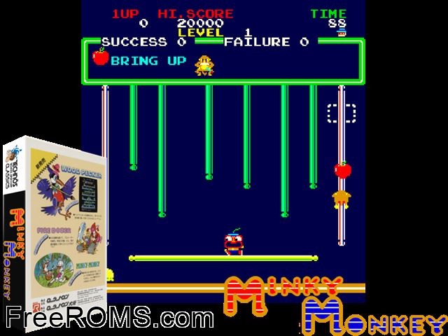 Minky Monkey MAME game showing 3D box cover and gameplay screenshot