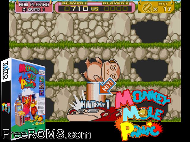 Monkey Mole Panic (USA) MAME game showing 3D box cover and gameplay screenshot