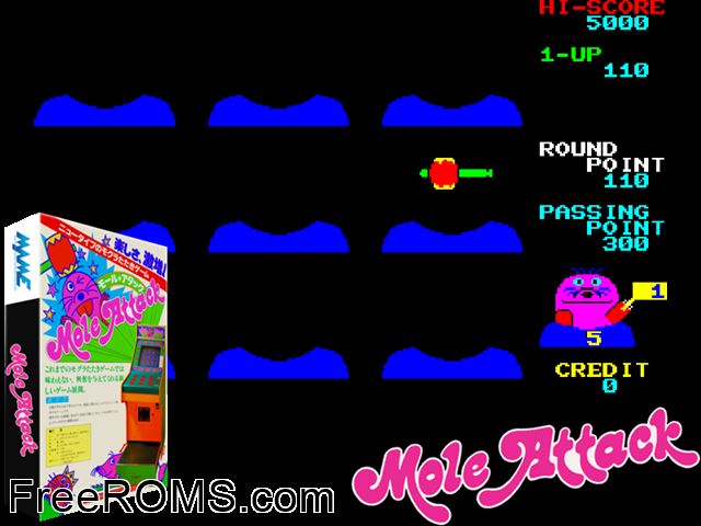 Mole Attack MAME game showing 3D box cover and gameplay screenshot