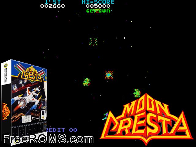 Moon Cresta (Nichibutsu, unencrypted) MAME game showing 3D box cover and gameplay screenshot