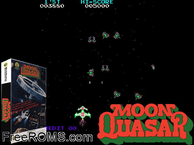 Moon Quasar MAME game showing 3D box cover and gameplay screenshot