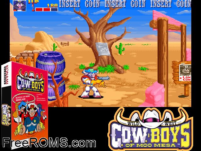 Wild West C.O.W.-Boys of Moo Mesa (ver UA) MAME game showing 3D box cover and gameplay screenshot