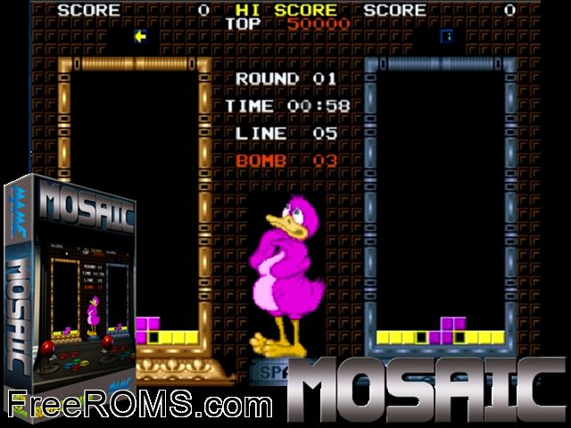 Mosaic MAME game showing 3D box cover and gameplay screenshot