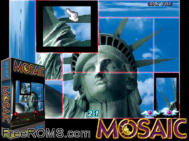 Mosaic (F2 System) MAME game showing 3D box cover and gameplay screenshot