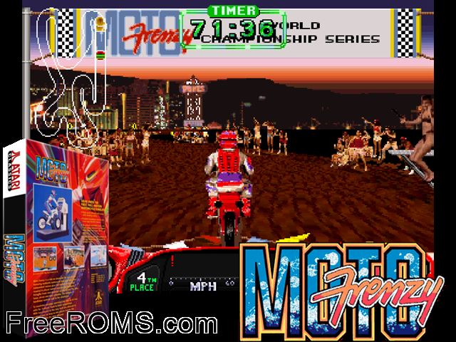 Moto Frenzy (Mini Deluxe) MAME game showing 3D box cover and gameplay screenshot