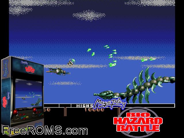 Bio-hazard Battle (Mega Play) MAME game showing 3D box cover and gameplay screenshot