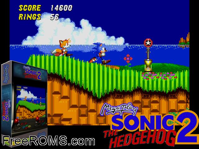 Sonic The Hedgehog 2 (Mega Play) MAME game showing 3D box cover and gameplay screenshot