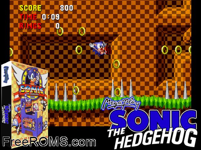 Sonic The Hedgehog (Mega Play) MAME game showing 3D box cover and gameplay screenshot