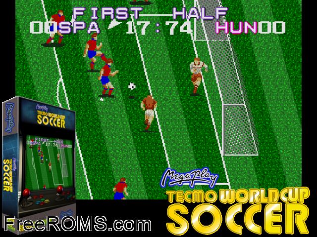 Tecmo World Cup (Mega Play) MAME game showing 3D box cover and gameplay screenshot