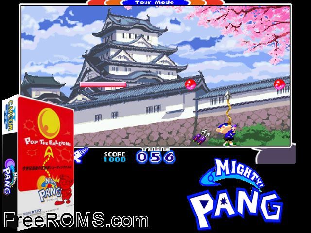 Mighty! Pang (Japan 001011) MAME game showing 3D box cover and gameplay screenshot