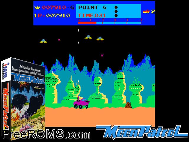 Moon Patrol MAME game showing 3D box cover and gameplay screenshot
