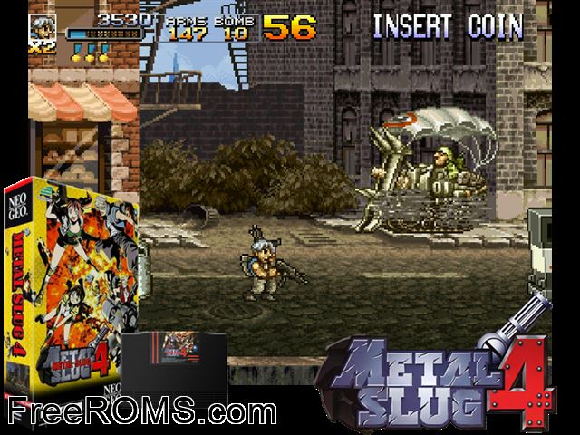 Metal Slug 4 Plus (bootleg) MAME game showing 3D box cover and gameplay screenshot