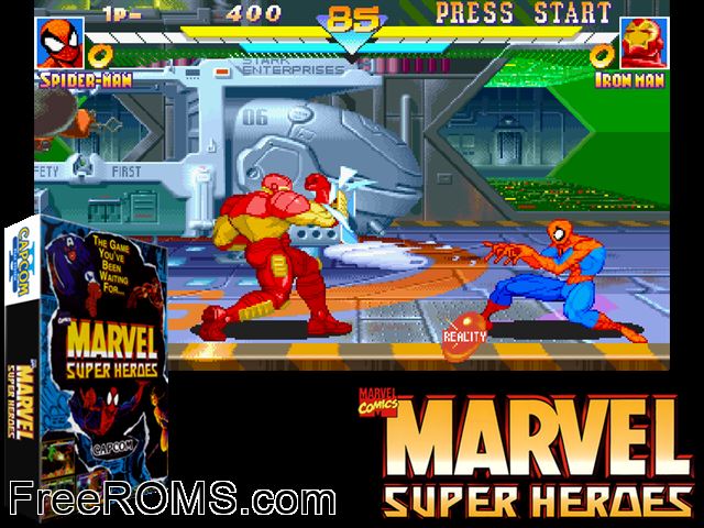Marvel Super Heroes (US 951024) MAME game showing 3D box cover and gameplay screenshot