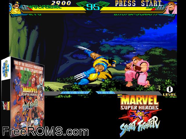 Marvel Super Heroes Vs. Street Fighter (Brazil 970625) MAME game showing 3D box cover and gameplay screenshot