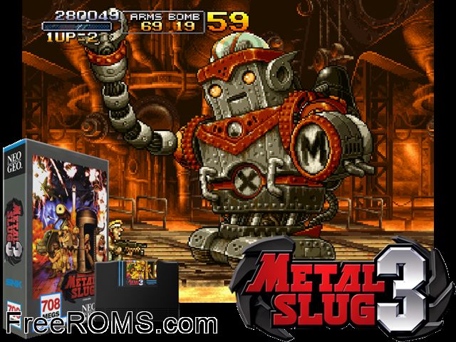 Metal Slug 3 MAME game showing 3D box cover and gameplay screenshot