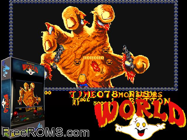 Monsters World MAME game showing 3D box cover and gameplay screenshot