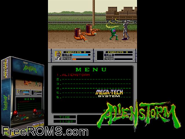 Alien Storm (Mega-Tech MAME game showing 3D box cover and gameplay screenshot