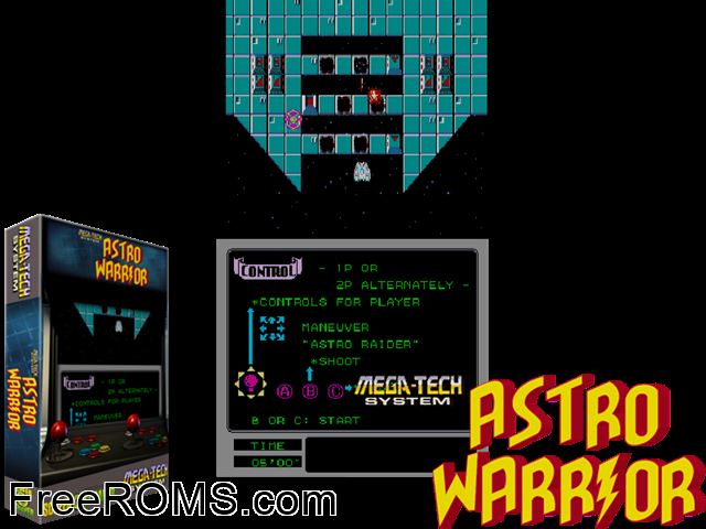 Astro Warrior (Mega-Tech) MAME game showing 3D box cover and gameplay screenshot