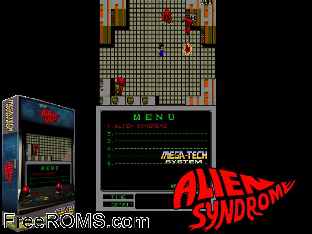 Alien Syndrome (Mega-Tech) MAME game showing 3D box cover and gameplay screenshot