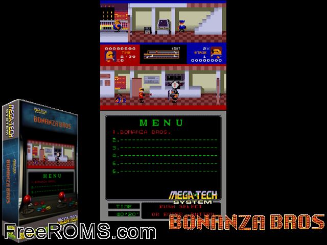 Bonanza Bros. (Mega-Tech) MAME game showing 3D box cover and gameplay screenshot
