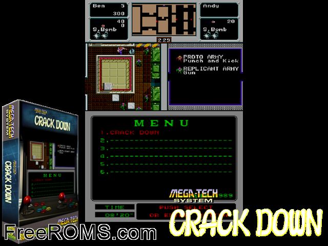 Crack Down (Mega-Tech) MAME game showing 3D box cover and gameplay screenshot