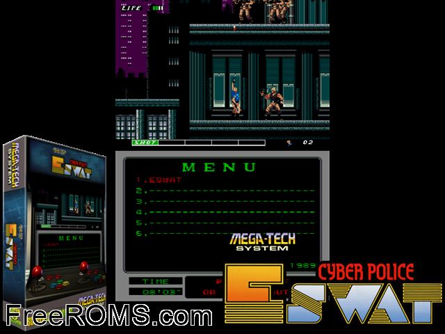 Cyber Police ESWAT: Enhanced Special Weapons and Tactics (Mega-Tech) MAME game showing 3D box cover and gameplay screenshot