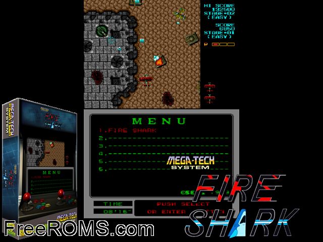 Fire Shark (Mega-Tech) MAME game showing 3D box cover and gameplay screenshot