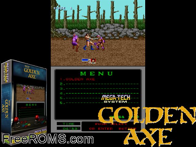 Golden Axe (Mega-Tech) MAME game showing 3D box cover and gameplay screenshot