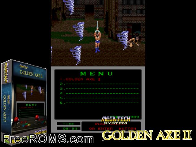 Golden Axe II (Mega-Tech) MAME game showing 3D box cover and gameplay screenshot