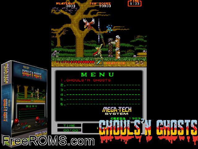Ghouls'n Ghosts (Mega-Tech) MAME game showing 3D box cover and gameplay screenshot