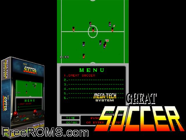 Great Soccer (Mega-Tech) MAME game showing 3D box cover and gameplay screenshot