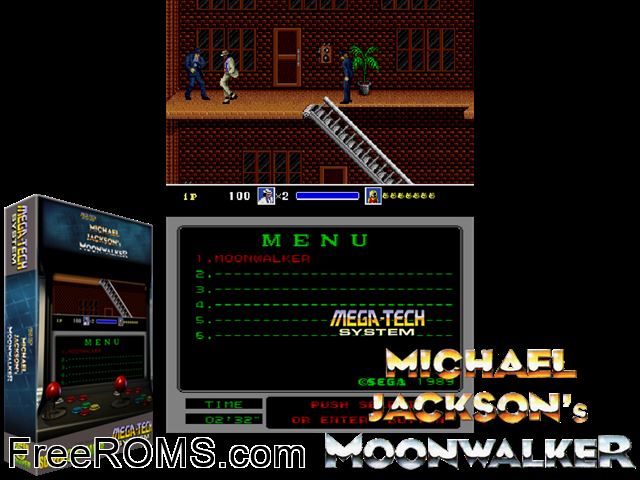 Moonwalker (Mega-Tech) MAME game showing 3D box cover and gameplay screenshot