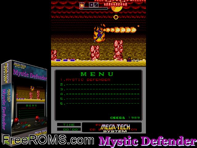 Mystic Defender (Mega-Tech) MAME game showing 3D box cover and gameplay screenshot