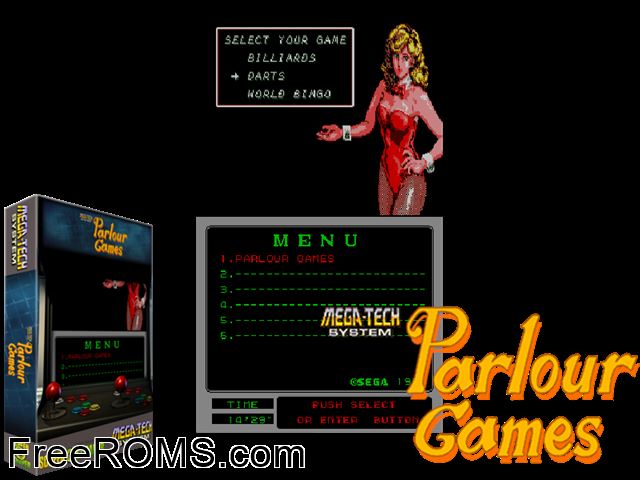 Parlour Games (Mega-Tech) MAME game showing 3D box cover and gameplay screenshot