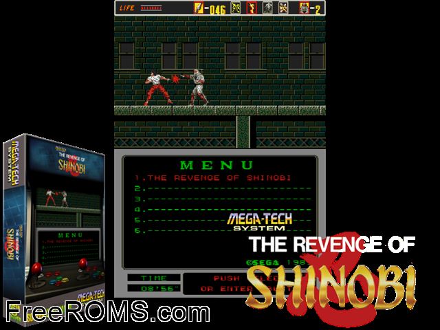 The Revenge of Shinobi (Mega-Tech) MAME game showing 3D box cover and gameplay screenshot