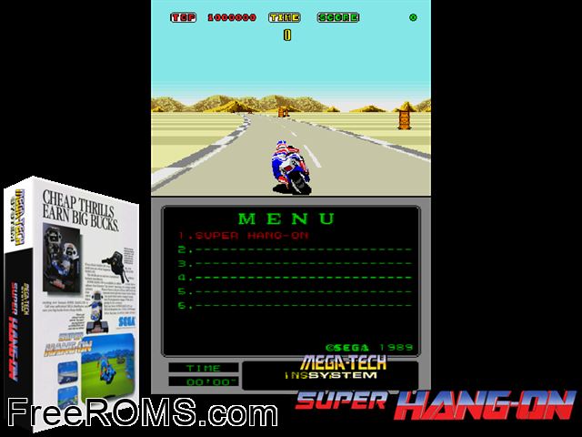 Super Hang-On (Mega-Tech) MAME game showing 3D box cover and gameplay screenshot