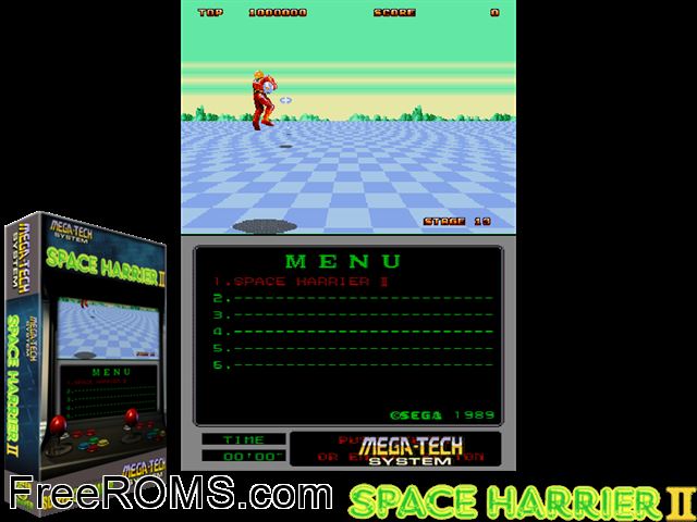 Space Harrier II (Mega-Tech) MAME game showing 3D box cover and gameplay screenshot